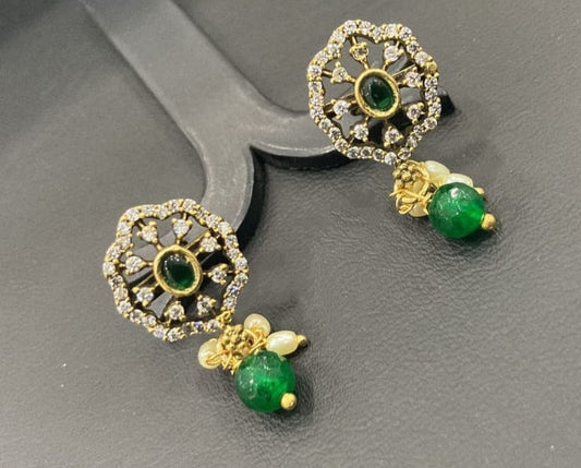 AD Stones Earrings with Green 🟢 Colour Bead