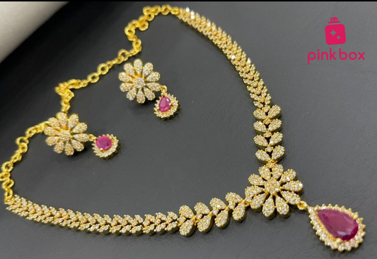 Zircon Necklace with Beautiful Flower Design and Ruby
