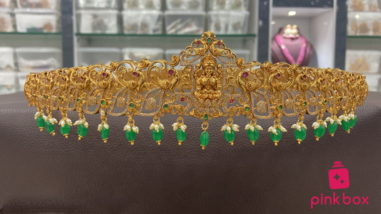 Nakshi Waist Belt with Green Beads and Peacock Design