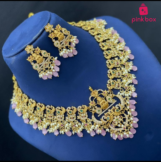Nakshi Necklace with Beautiful Lakshmi Design and Crystal Beads
