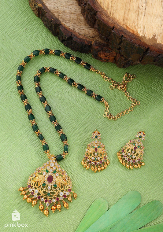 Bottle Green Long Chain with Peacock Design