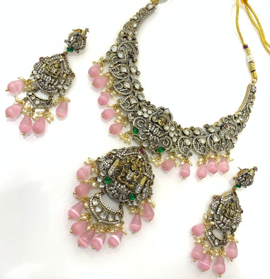 Victorian Necklace with Beautiful Lakshmi Idol and Crystal🔮 Pink Beads Design.