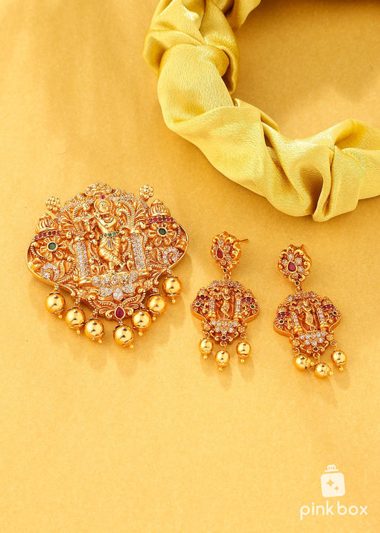 Antique pendant with Lord Krishna idol and matching earrings