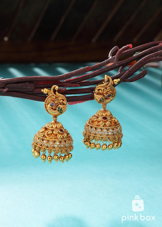 Antique Nakshi Jhumkas with white and red stones