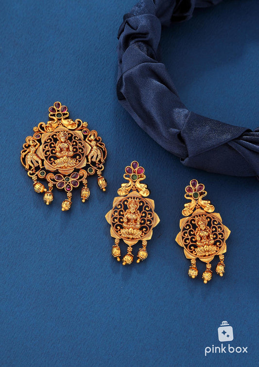 Antique pendant with Lakshmi devi idol and matching earrings