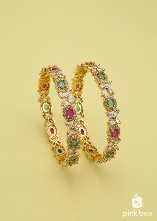 CZ Bangles with floral design and White, pink Semi precious stones