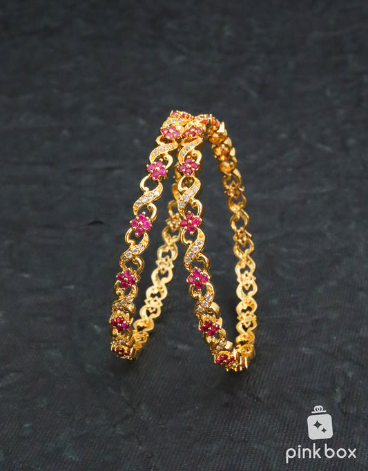 CZ Bangles with floral design and pink,White stones