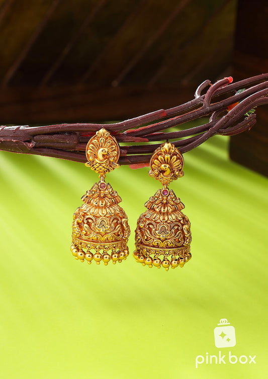 Antique Nakshi Jhumkas with red stone