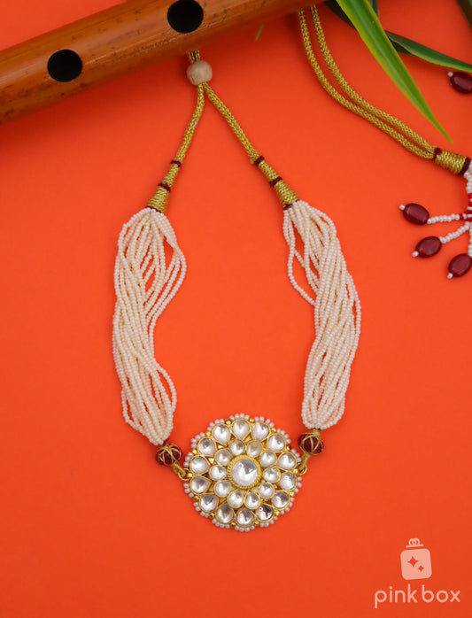 Flower Design Kundan and white Beads Choker